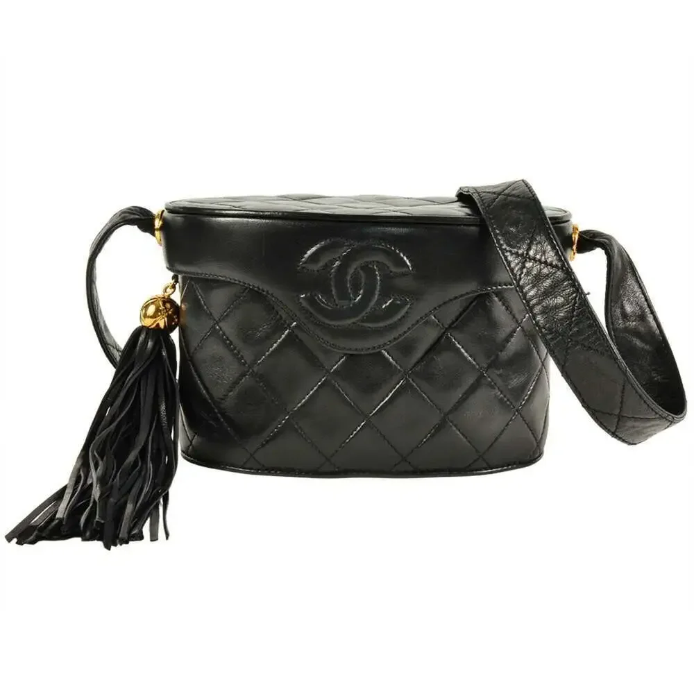 CHANEL Black Lambskin Leather Logo Shoulder Bag